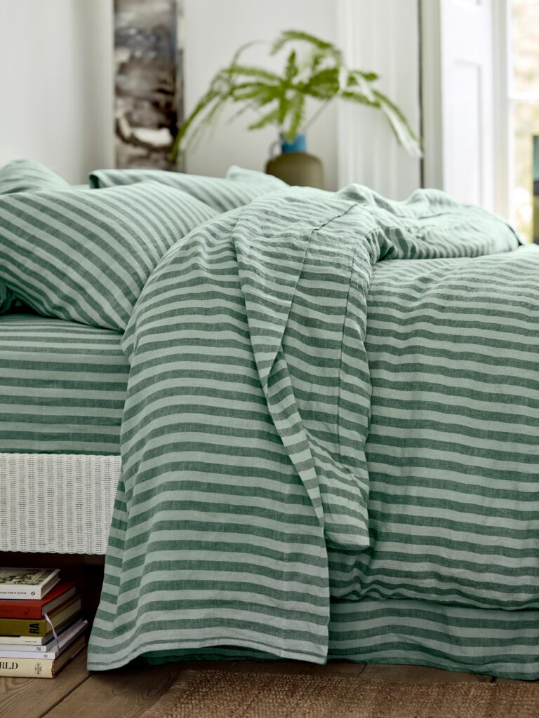 Pine Green Striped Linen Blend Flat Sheet