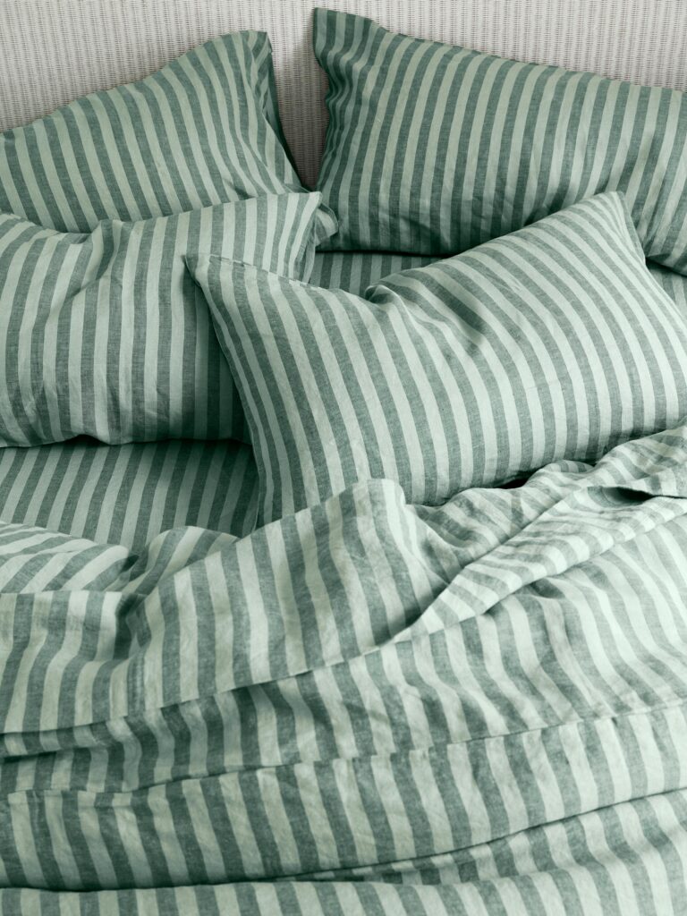 Pine Green Striped Linen Fitted Sheet