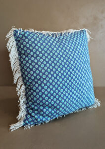 Square Blue Floral White Fringe Pillow