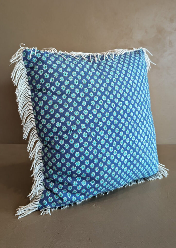 Square Blue Floral White Fringe Pillow
