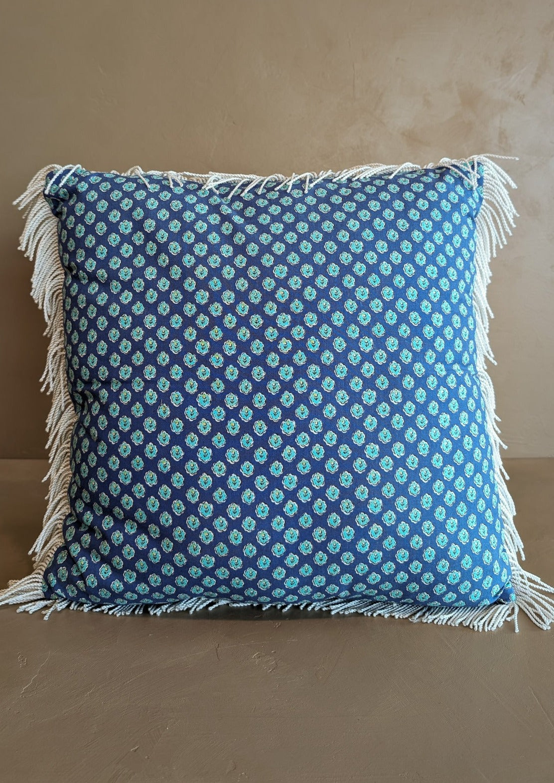 Square Blue Floral White Fringe Pillow