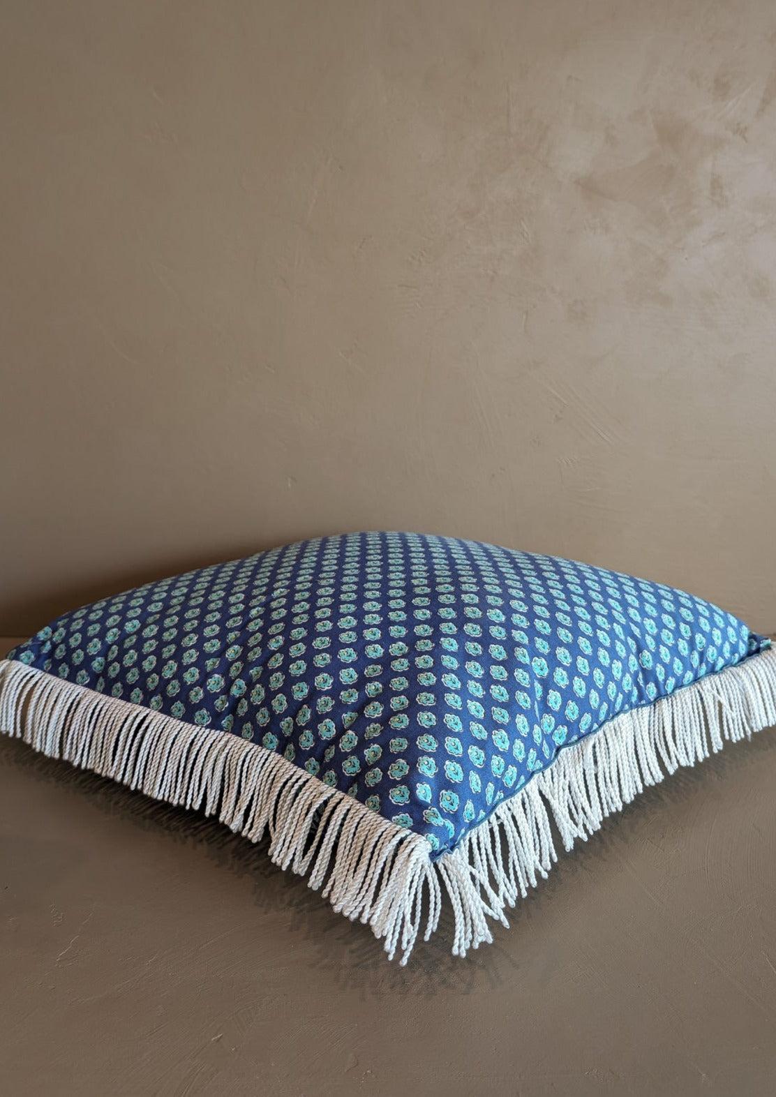 Square Blue Floral White Fringe Pillow