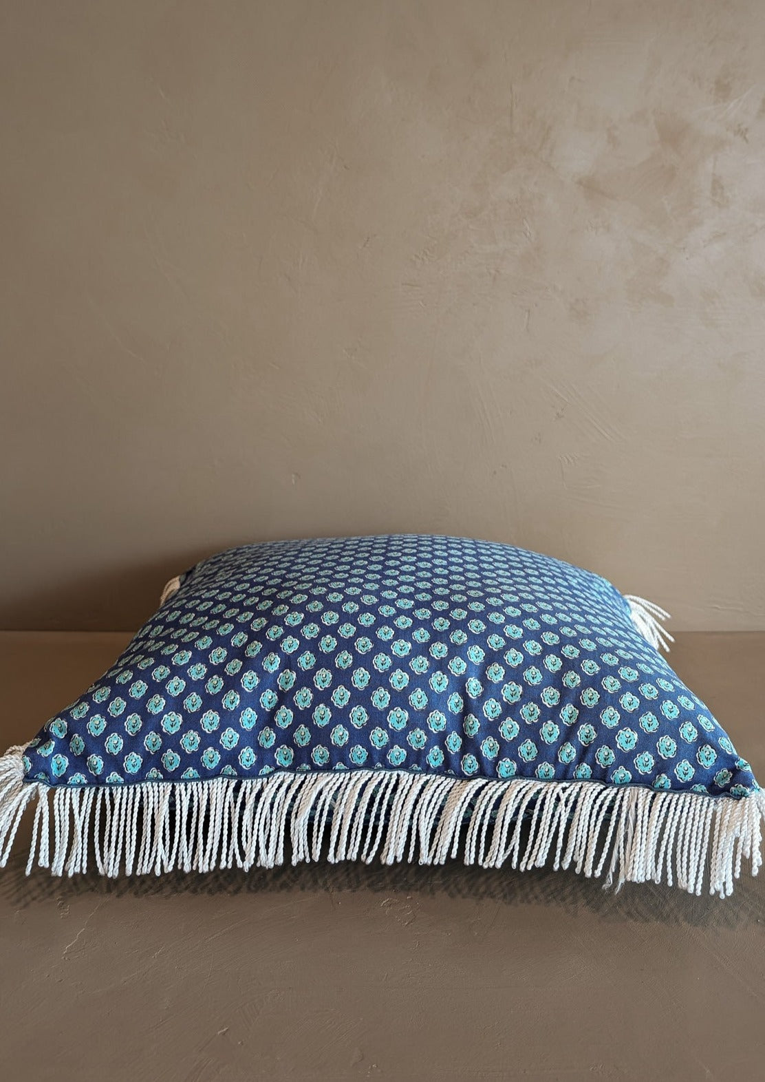 Square Blue Floral White Fringe Pillow