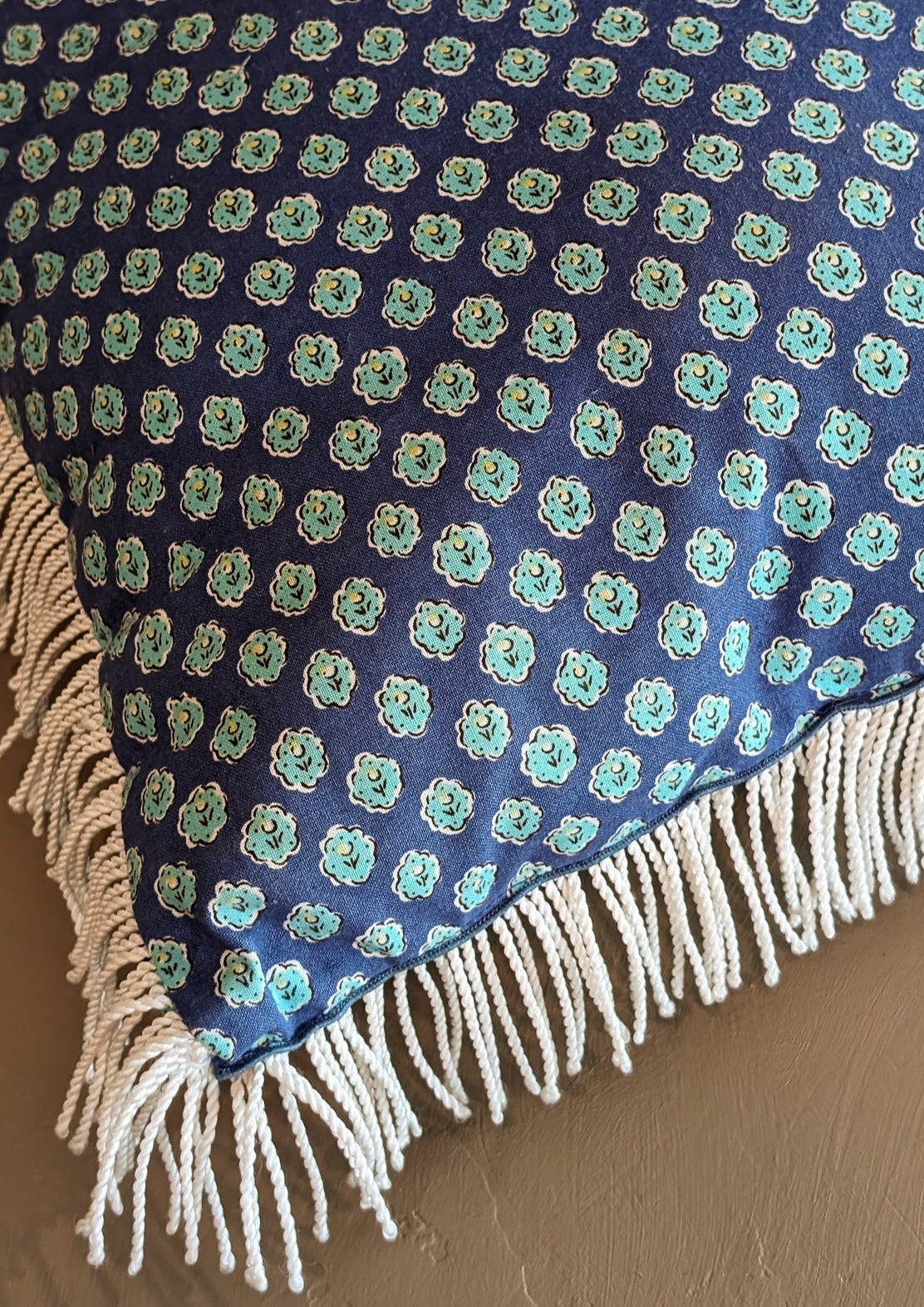 Square Blue Floral White Fringe Pillow