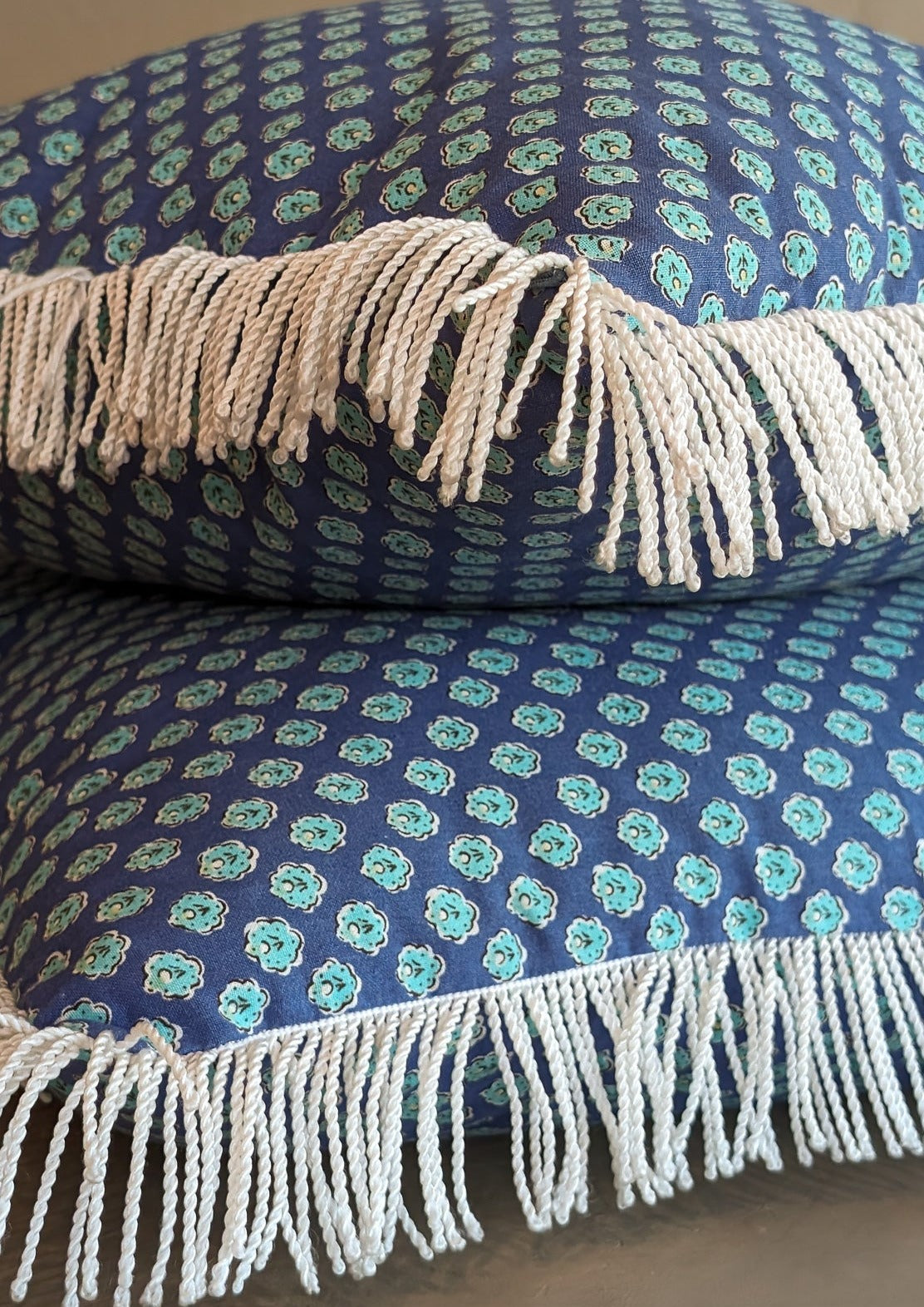 Square Blue Floral White Fringe Pillow