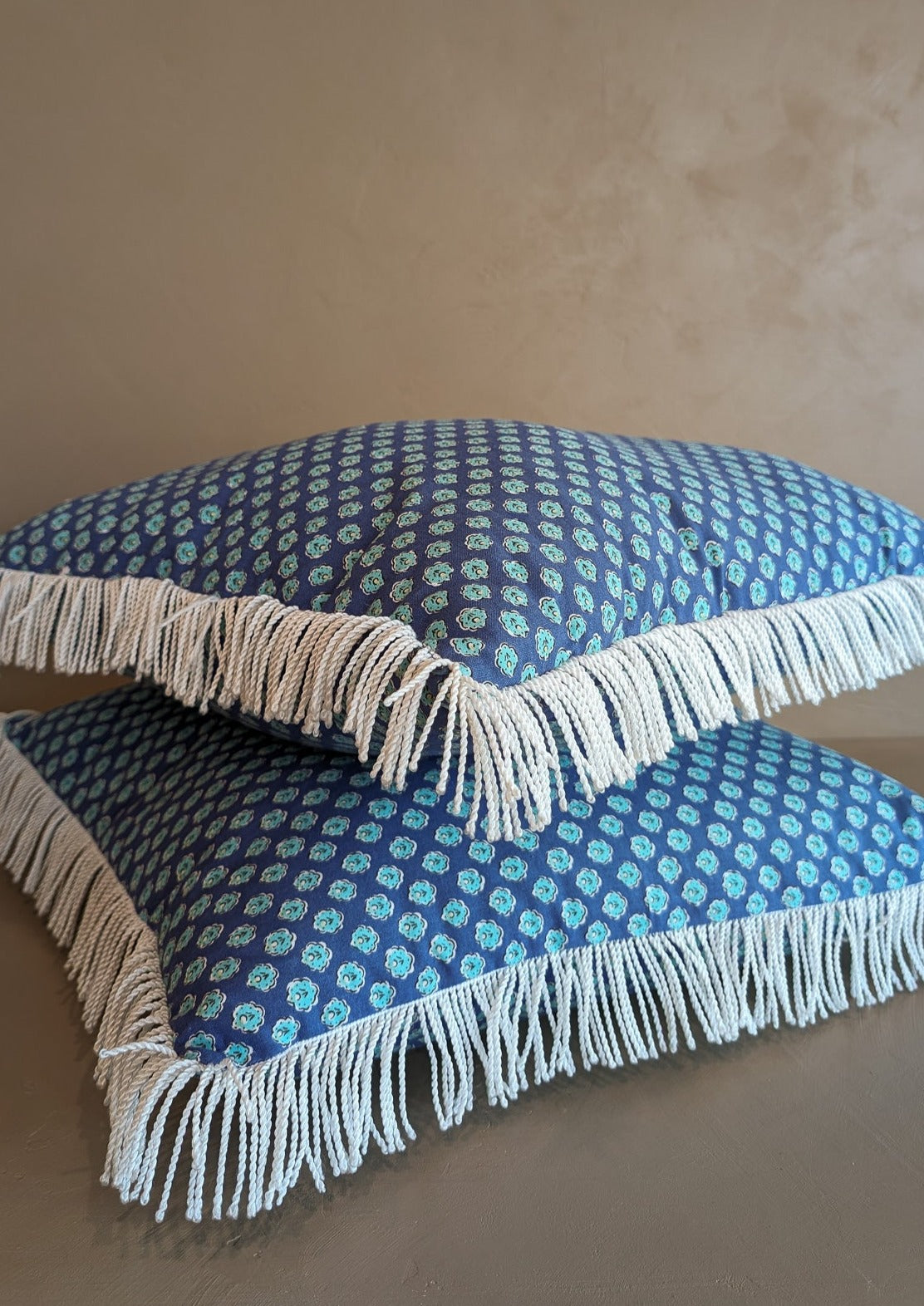 Square Blue Floral White Fringe Pillow