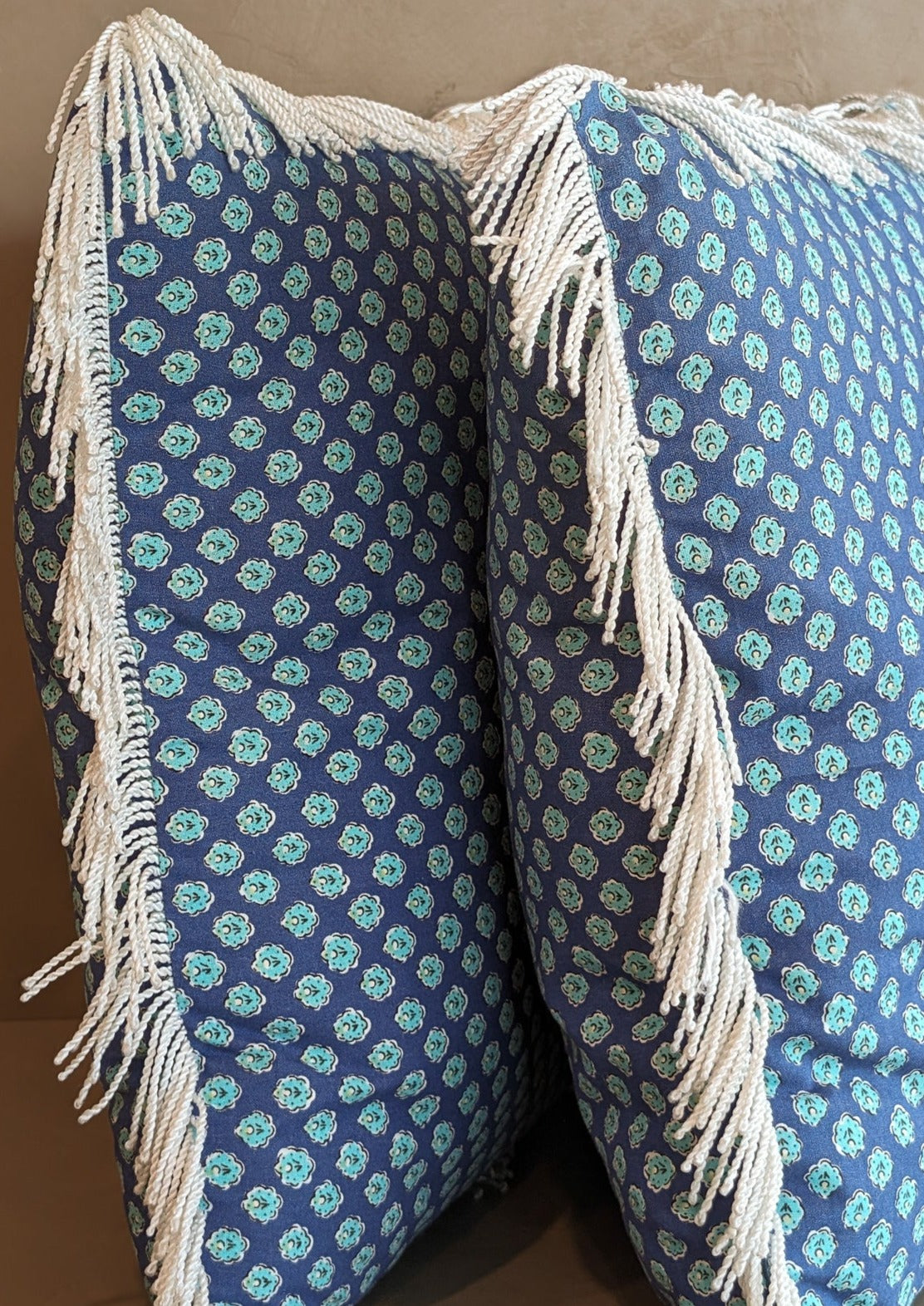 Square Blue Floral White Fringe Pillow