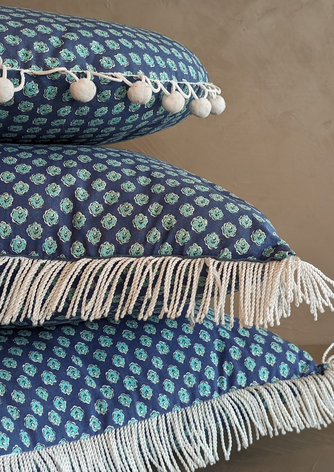 Square Blue Floral White Fringe Pillow