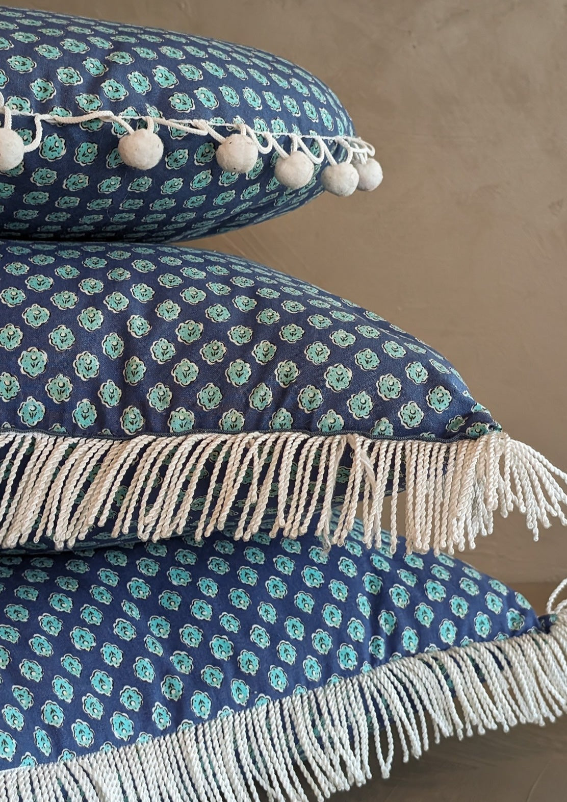 Round Blue Floral Pom Pom Pillow