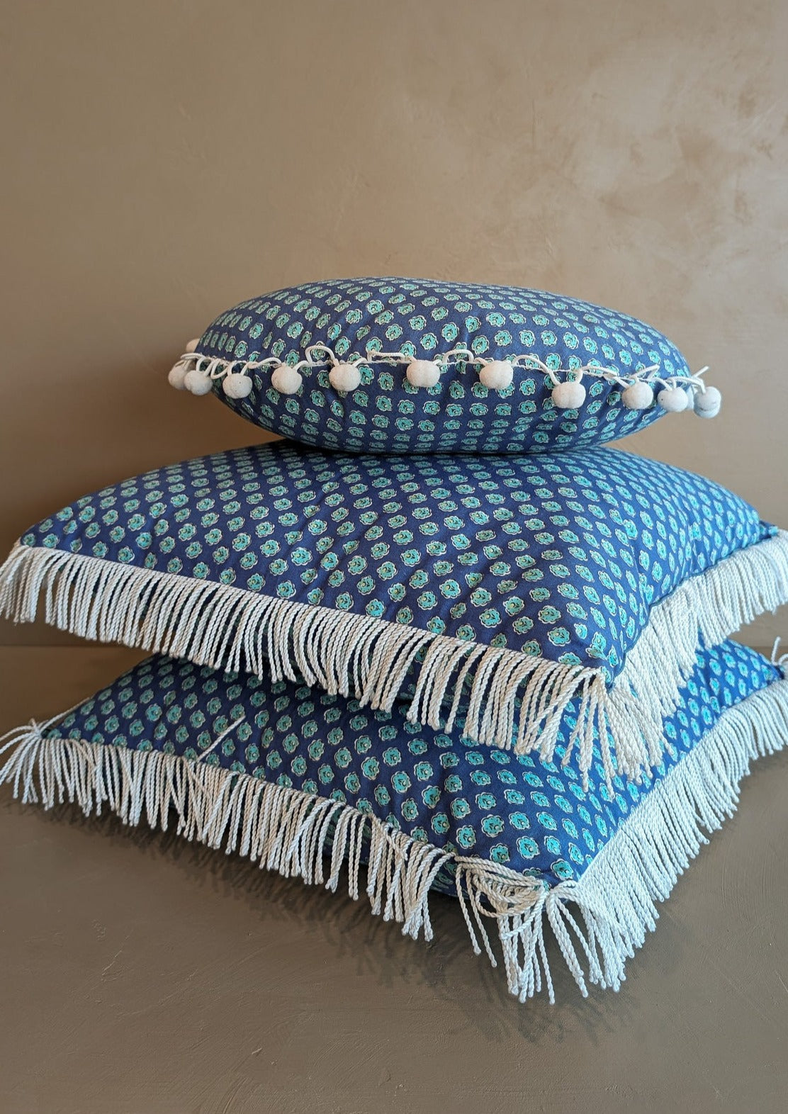 Round Blue Floral Pom Pom Pillow