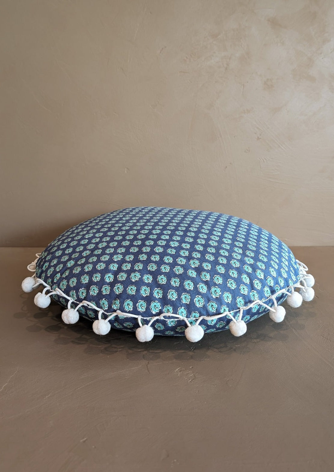 Round Blue Floral Pom Pom Pillow