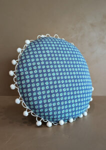 Round Blue Floral Pom Pom Pillow