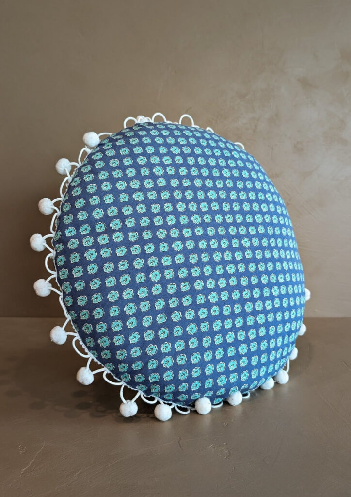 Round Blue Floral Pom Pom Pillow