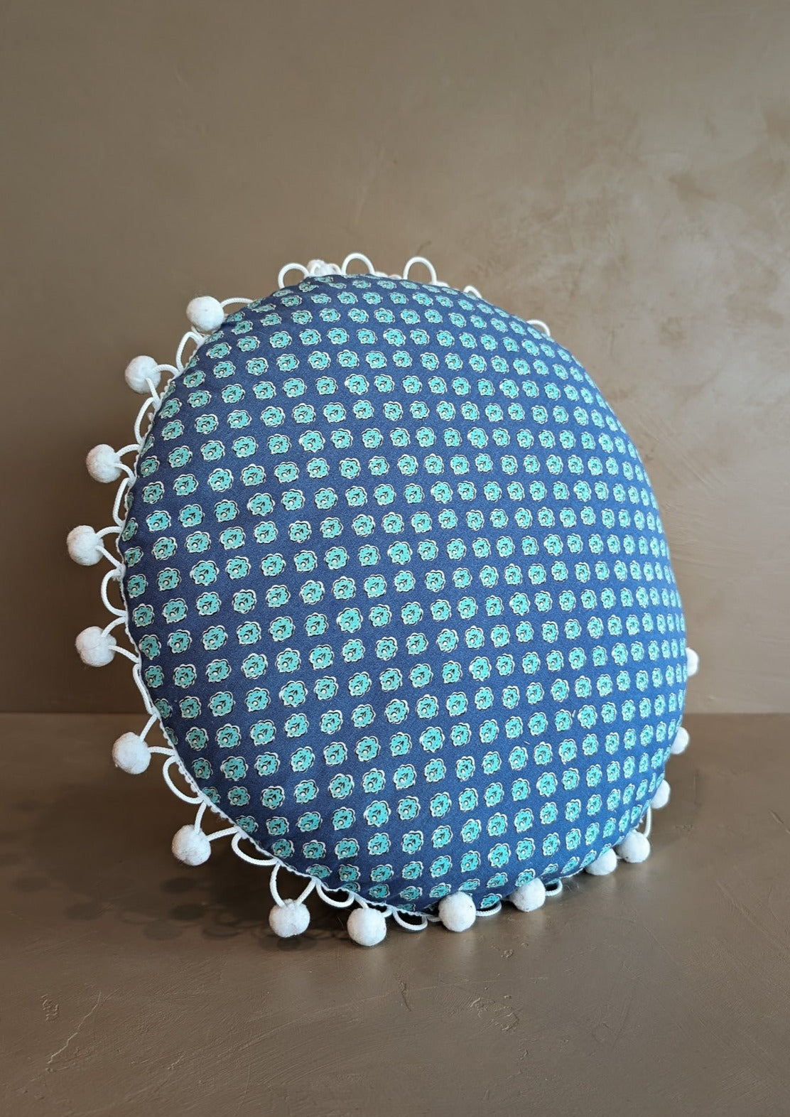 Round Blue Floral Pom Pom Pillow