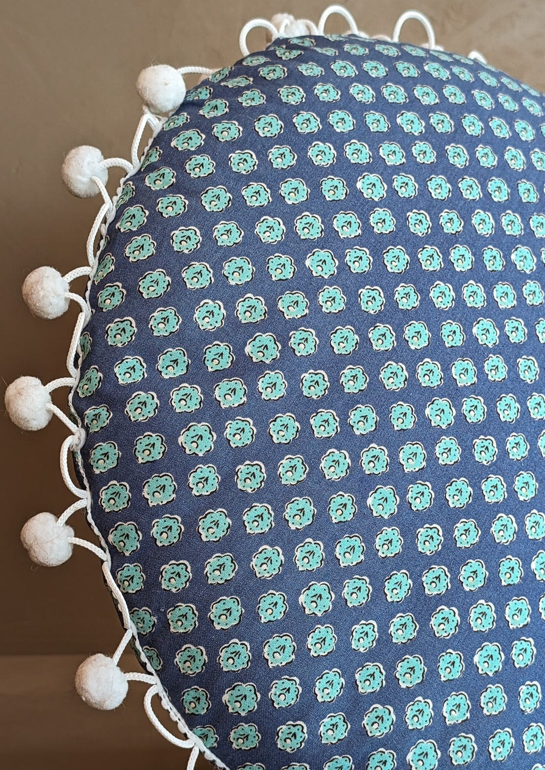 Round Blue Floral Pom Pom Pillow