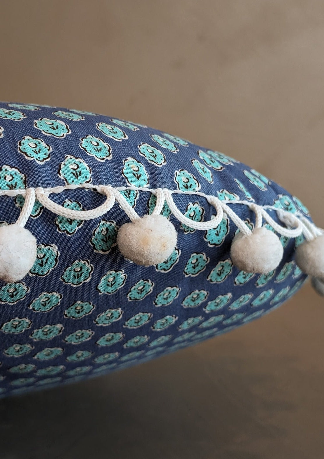 Round Blue Floral Pom Pom Pillow