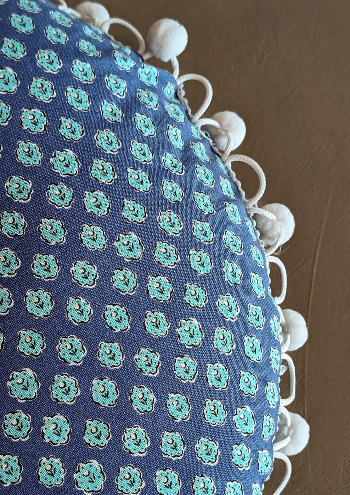 Round Blue Floral Pom Pom Pillow