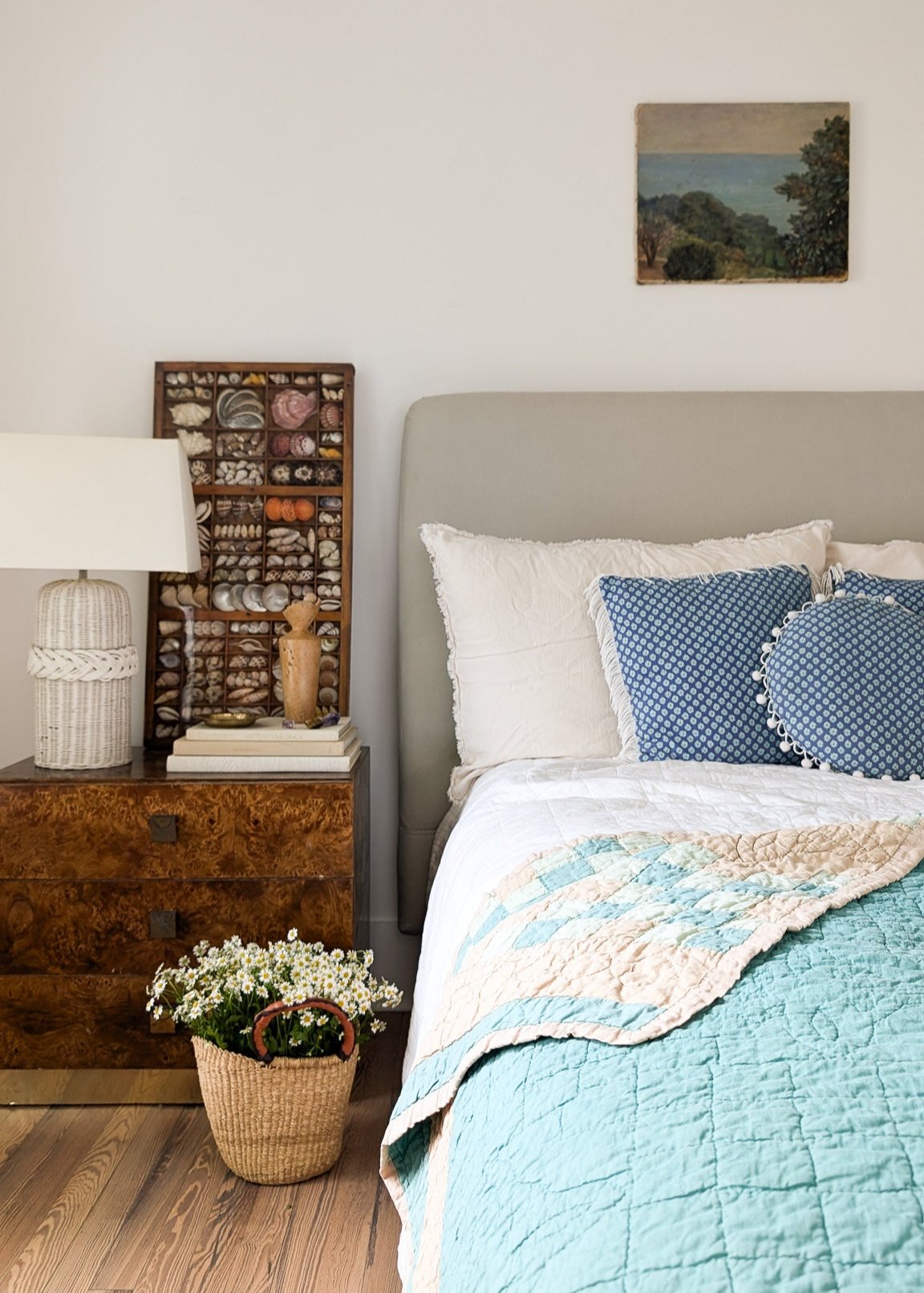 Round Blue Floral Pom Pom Pillow