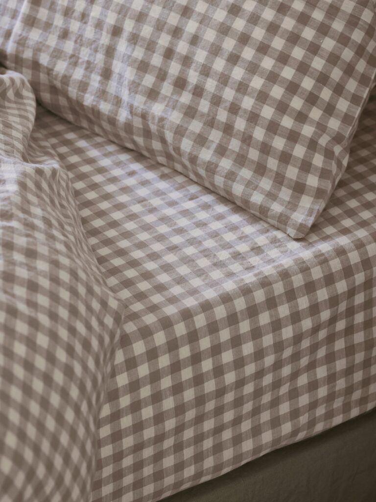 Mushroom Gingham Linen Blend Fitted Sheet